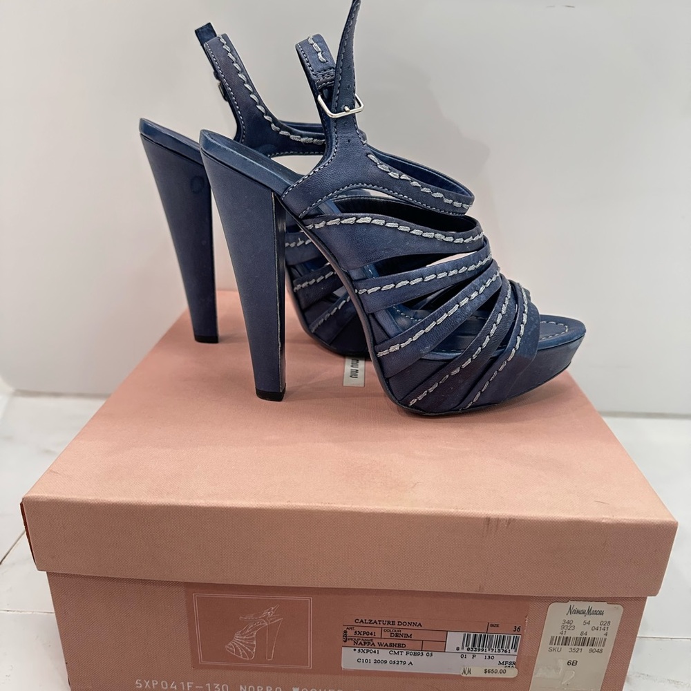 AUTHENTIC MIU MIU Blue Stiletto Heels with Strappy Design Sz 6